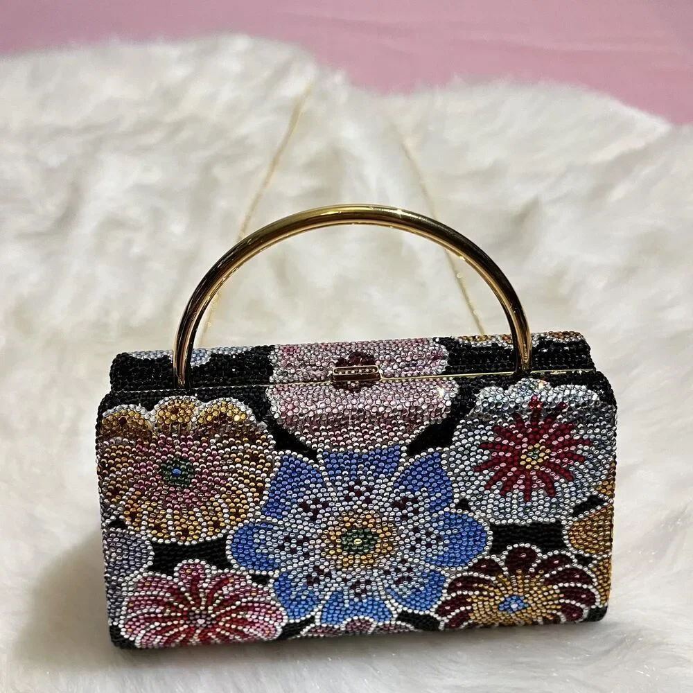 Vintage Judith Leiber Bag Womens Floral Crystal Minaudiere Italy Evening